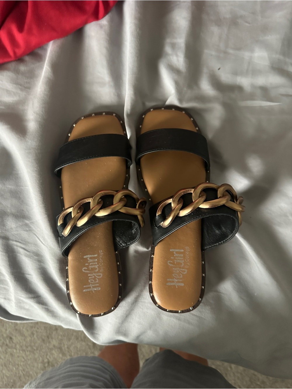 Black Slide Sandals with Bold Gold Chain Accent